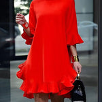 Half Sleeves Loose Falbala Solid Color Round-Neck Midi Dresses