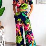 Floral Print V Neck Short Sleeves Crop Top Elastic Waist Wide Leg Pants Set