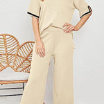 Lounge or Casual Wear Knit Patchwork Color Block Short Sleeve Top and Elastic Wide Leg Pants