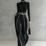 Women's White Trimmed Turtleneck Long Sleeve Top Wide Leg Pants Belt Two-Piece Set