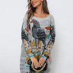 Casual Long Sleeves Loose Cartoon Printed Contrast Color Round-Neck Sweater Tops