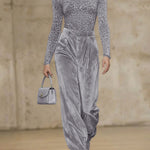 High Waisted Pleated Pockets Solid Color Velvet Pants Trousers
