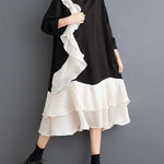 A-Line Long Sleeves Contrast Color Pockets Ruffle Trim Split-Joint V-Neck Midi Dresses