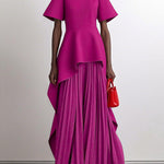 A-Line High Waisted Pleated Solid Color Split-Joint Round-Neck Maxi Dresses