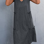 A-line Loose Pleated Solid Color Split-Joint V-neck Midi Dresses
