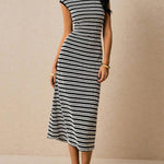 Sleeveless Contrast Color Split-Joint Striped Round-Neck Midi Dresses