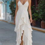 Elegant Spaghetti Strap Asymmetrical Ruffle Maxi Dress