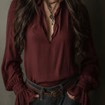 Boho V-Neck Deep Wine Red Blouse With Lace Cuffs