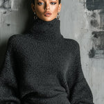 Women's Charcoal Chic Knit Turtleneck Oversized Knit Midi Dress