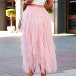 Fashionable solid color puffy mesh high waist slimming skirt
