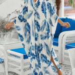 Batwing Sleeves Loose Leaves Print Split-Joint Split-Side Sun Protection V-Neck Beach Cover-Up Maxi Dresses