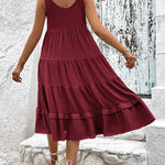 Loose Sleeveless Buttoned Solid Color Tiered Round-neck Midi Dresses