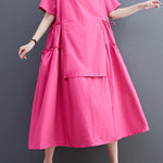 Loose Short Sleeves Solid Color Split-Joint Round-Neck Midi Dresses