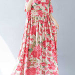 A-line Batwing Sleeves Flower Print Pleated Split-Joint Round-neck Midi Dresses