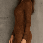 Vintage Caramel Brown Lace Trim And Zip Front Suede Mini Dress