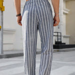 Men's Casual Cotton and Linen Striped Elastic Beach Pants