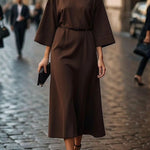 Loose Three-Quarter Sleeves Pleated Solid Color Split-Joint Round-Neck Midi Dresses