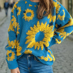 Sunflower Jacquard Crewneck Long Sleeve Knit Pullover Sweater