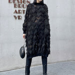 Irregularity Long Sleeves Asymmetric Mesh Pockets See-Through Solid Color Split-Joint Tasseled Stand Collar Midi Dresses