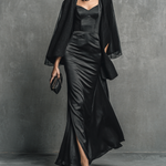 Women's Elegant Black Acetate Double-sided Satin Chiffon Dress Suit