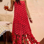 Juju Embroidered Cutout Polka Dots Square Neck Tassel Hem Slip Maxi Dress
