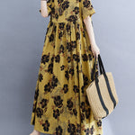Loose Short Sleeves Pleated Printed Split-Joint Round-Neck Midi Dresses