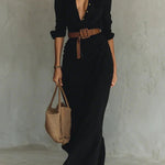 City Sleek Single Breasted Long Sleeve Warp Slit Shirt Maxi Dress