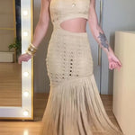 Refresh Style Knit Hollow Out One Shoulder Cutout Waist Tassel Hem Maxi Dress