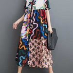A-line Loose Buttoned Printed Split-Joint Lapel Midi Dresses Shirt Dress