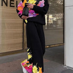 Long Sleeves Loose Flower Print Split-Joint High Neck Sweatshirt Tops