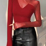 Long Sleeves Skinny Asymmetric Solid Color Split-Joint High Neck T-Shirts Tops