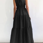 Loose Sleeveless Plaid Ribbed Stand Collar Maxi Dresses