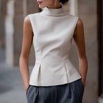 Sleeveless High-Neck Flared Hem Tailored Blouse