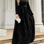 Long Sleeves Wrap Belted Pleated Solid Color Zipper Round-Neck Maxi Dresses