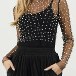 Pearl-Embellished Mesh Long-Sleeved Top