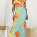 V Neck Ruffle Short Sleeves Floral Print Maxi Dress