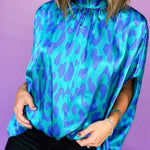 Blue Leopard Print Loose Batwing Sleeve Mock Neck Blouse