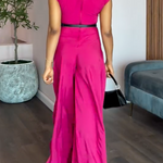Cap Sleeve Wide Leg No Belt Solid Color Stand Collar Jumpsuits