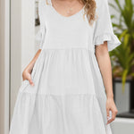A-Line Flared Sleeves Pleated Pockets Ruffled Solid Color Split-Joint Round-Neck Mini Dresses