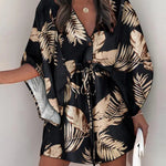 Original Loose Leaf Printed Contrast Color Tied Buttoned Mini Shirt Dress