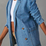 Notch Lapel Button Front Pocketed Denim Blazer
