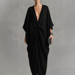Women's Black Woven  Dress With Deep V-Neck & Twist-Front Detail, Timeless Dramatic-Luxe Style Dress