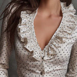 Vintage Polka Dot Ruffle V-Neck Blouse