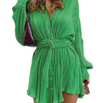 Long Sleeves Buttoned Pleated Solid Color Tied Waist Lapel Mini Dresses Shirt Dress