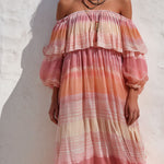 Boho Sunset Stripe Off-Shoulder Tiered Chiffon Maxi Dress With Smocked Waist