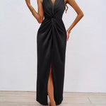 Loose Sleeveless Pleated Split-Front Split-Joint V-Neck Maxi Dresses