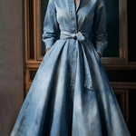 Ursime Light Blue Denim Stand Collar Long Sleeve Pocket Pleated Belt Maxi Dress