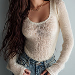 Chic Effortless Lightweight Cream Knit Scoop-Neck Sweater