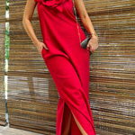 Vacay Ready Linen Blend Floral Embellishment Pocketed Slit Maxi Dress