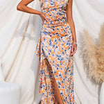One Shoulder Sleeveless High Slit Floral Maxi Party Dress